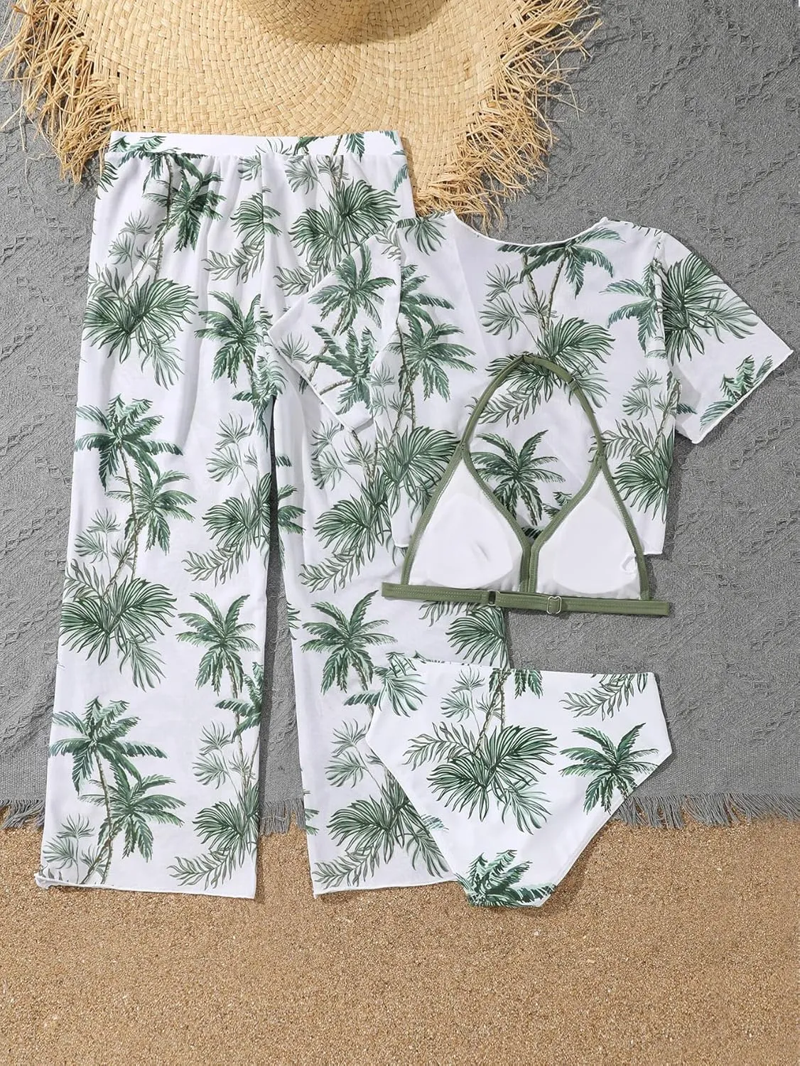 SOLY HUX Girl's 4 Piece Swimsuits Tropical Print Halter Bikini Set Bathing Suits with Kimono and Cover Up Pants