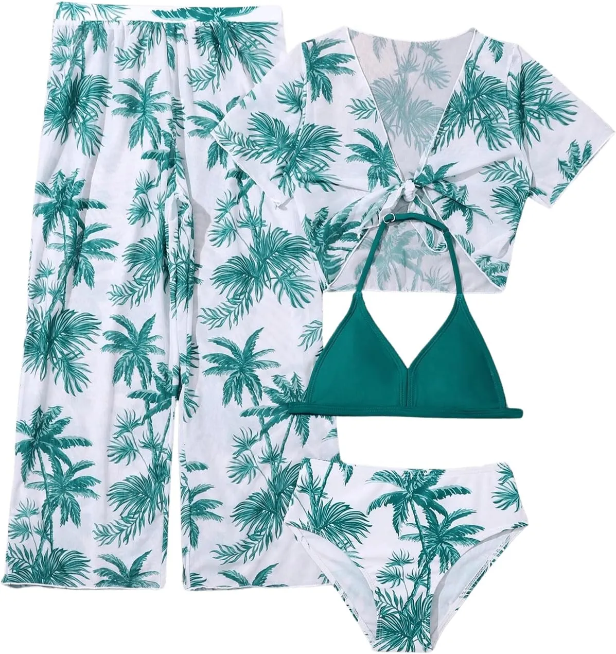 SOLY HUX Girl's 4 Piece Swimsuits Tropical Print Halter Bikini Set Bathing Suits with Kimono and Cover Up Pants