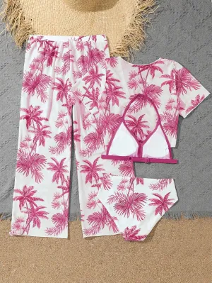 SOLY HUX Girl's 4 Piece Swimsuits Tropical Print Halter Bikini Set Bathing Suits with Kimono and Cover Up Pants
