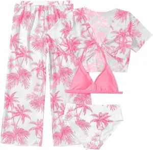 SOLY HUX Girl's 4 Piece Swimsuits Tropical Print Halter Bikini Set Bathing Suits with Kimono and Cover Up Pants