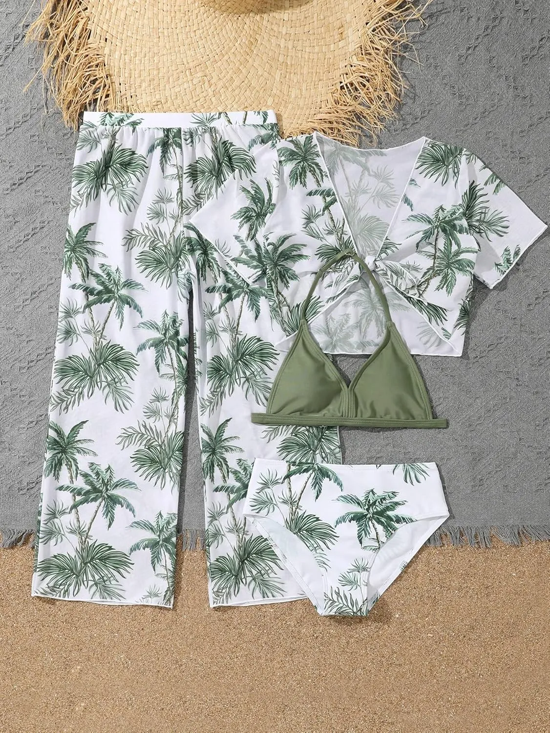 SOLY HUX Girl's 4 Piece Swimsuits Tropical Print Halter Bikini Set Bathing Suits with Kimono and Cover Up Pants