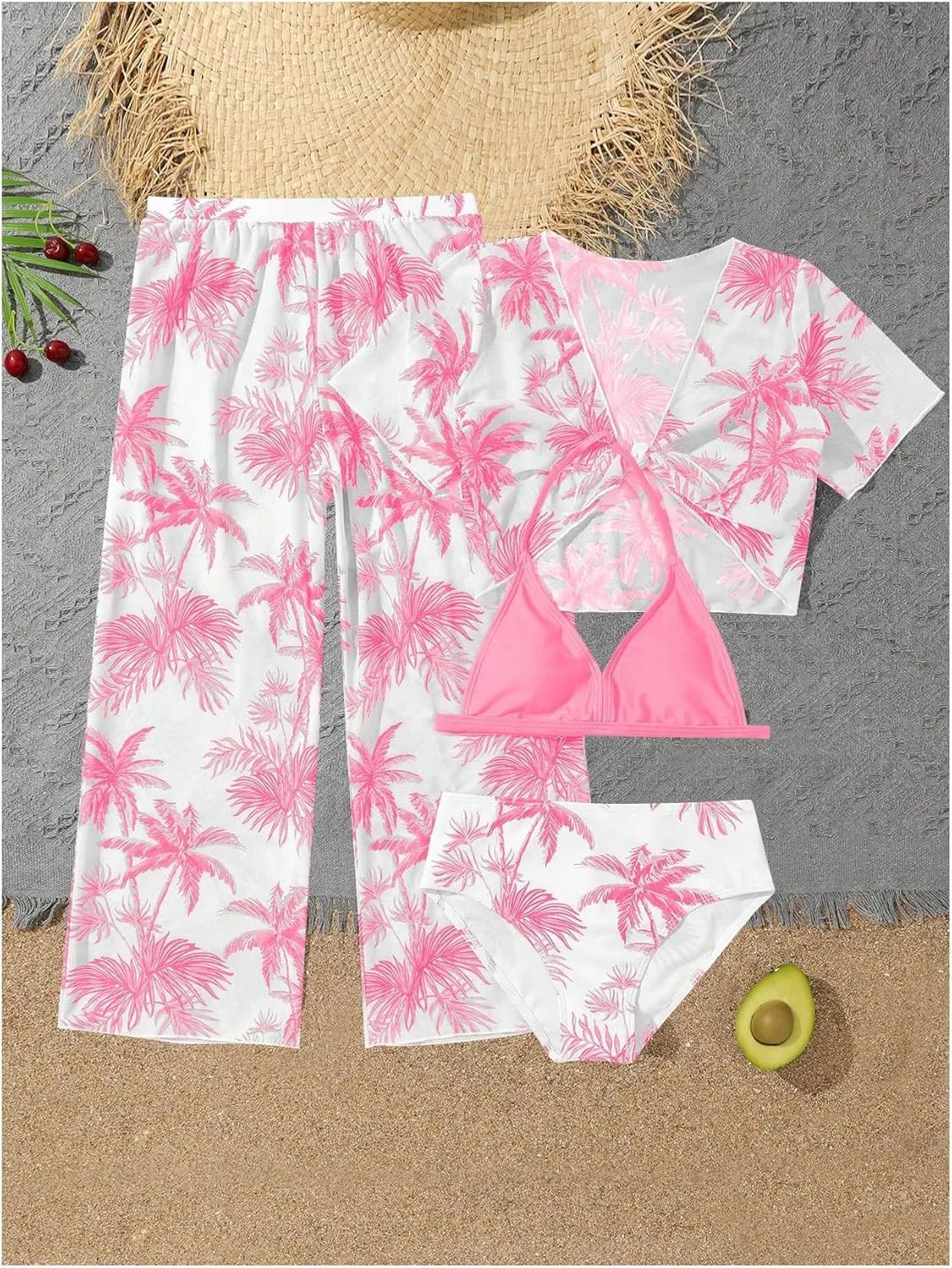 SOLY HUX Girl's 4 Piece Swimsuits Tropical Print Halter Bikini Set Bathing Suits with Kimono and Cover Up Pants