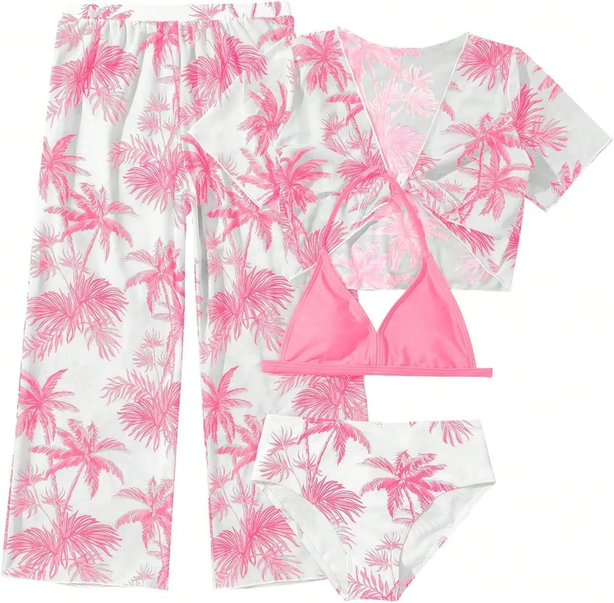 SOLY HUX Girl's 4 Piece Swimsuits Tropical Print Halter Bikini Set Bathing Suits with Kimono and Cover Up Pants