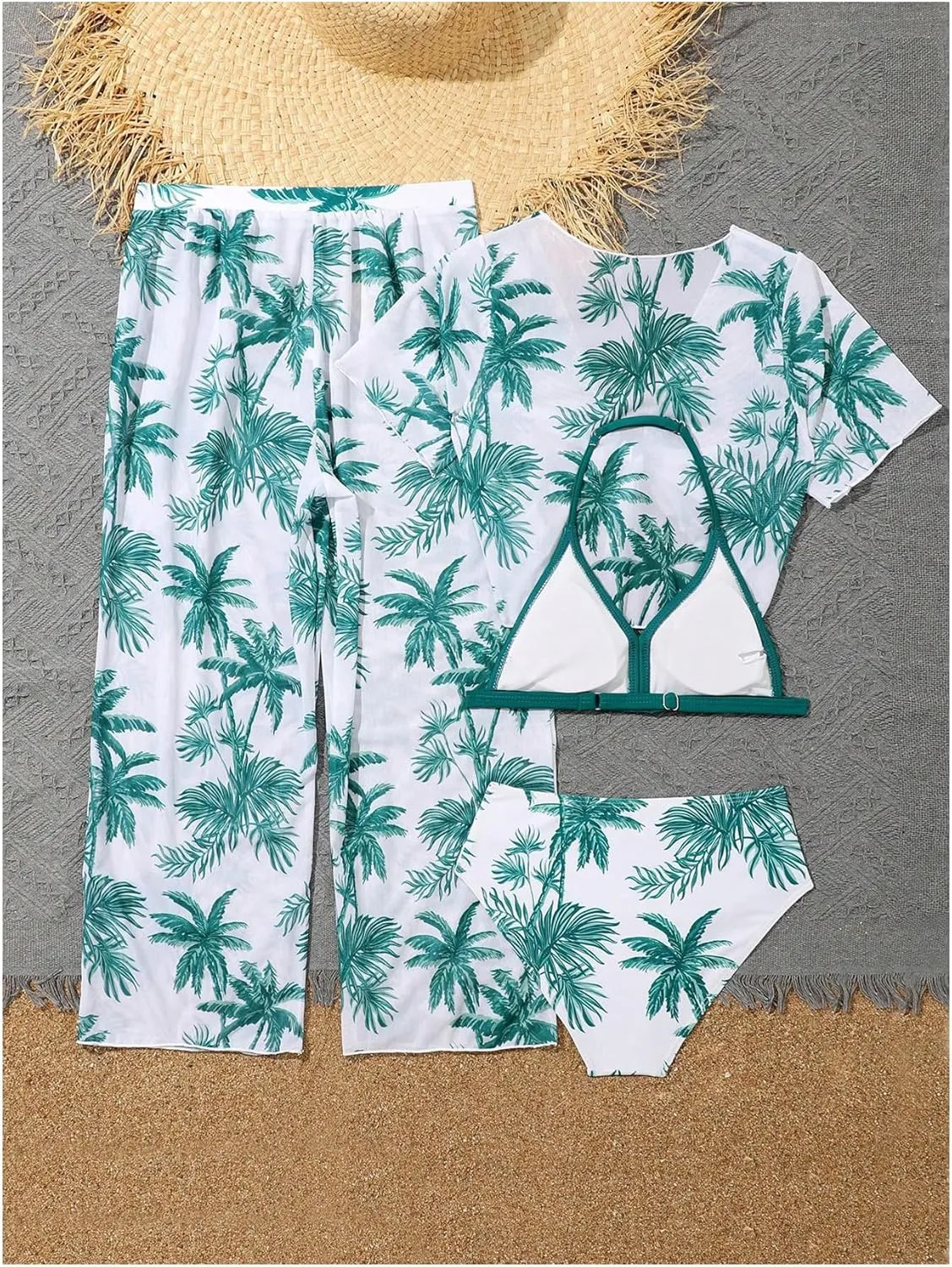 SOLY HUX Girl's 4 Piece Swimsuits Tropical Print Halter Bikini Set Bathing Suits with Kimono and Cover Up Pants
