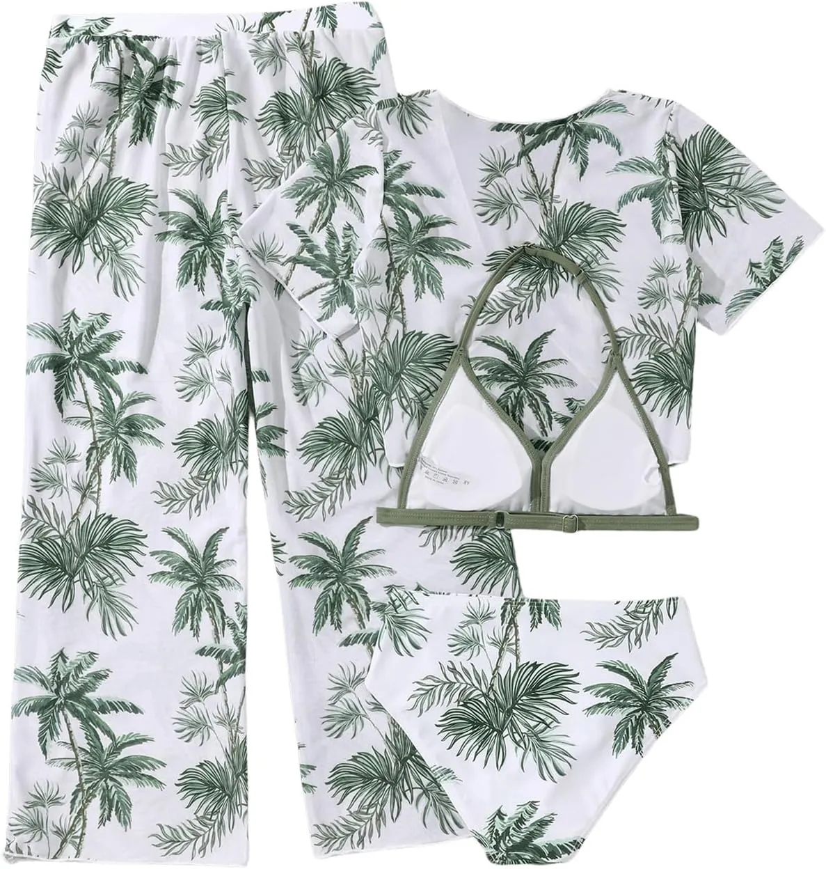 SOLY HUX Girl's 4 Piece Swimsuits Tropical Print Halter Bikini Set Bathing Suits with Kimono and Cover Up Pants