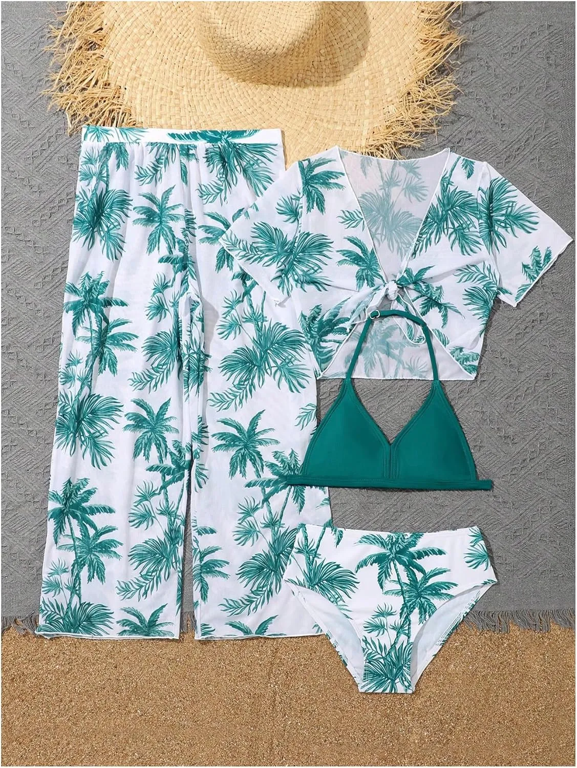SOLY HUX Girl's 4 Piece Swimsuits Tropical Print Halter Bikini Set Bathing Suits with Kimono and Cover Up Pants