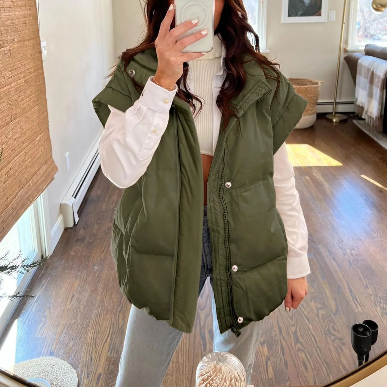 Songling Womens Oversized Puffer Vest Stand Collar Full Zip Sleeveless Bubble Puffer Vest Quilted Padded Warm Coat Outwear