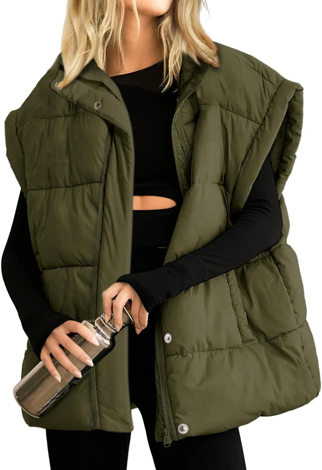Songling Womens Oversized Puffer Vest Stand Collar Full Zip Sleeveless Bubble Puffer Vest Quilted Padded Warm Coat Outwear