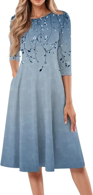 Spring Dresses for Women 2025 3/4 Sleeve Round Neck Church Dresses Pleated Knee Length Dress with Pockets Curvy Dress