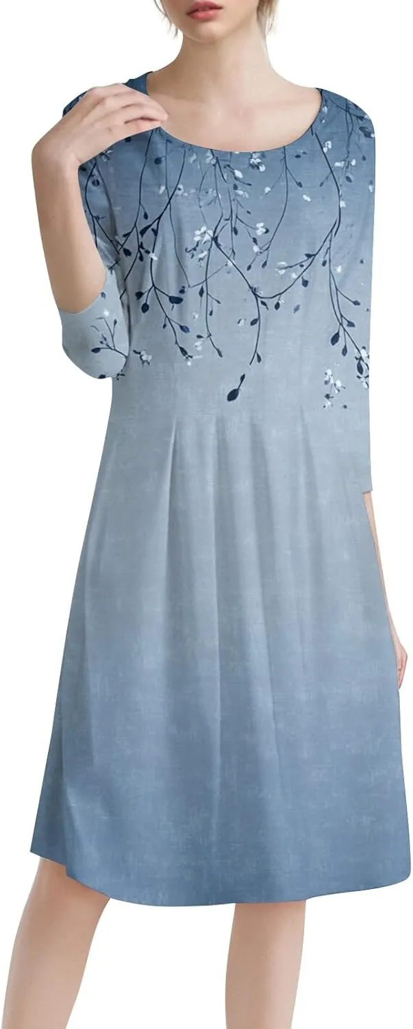Spring Dresses for Women 2025 3/4 Sleeve Round Neck Church Dresses Pleated Knee Length Dress with Pockets Curvy Dress