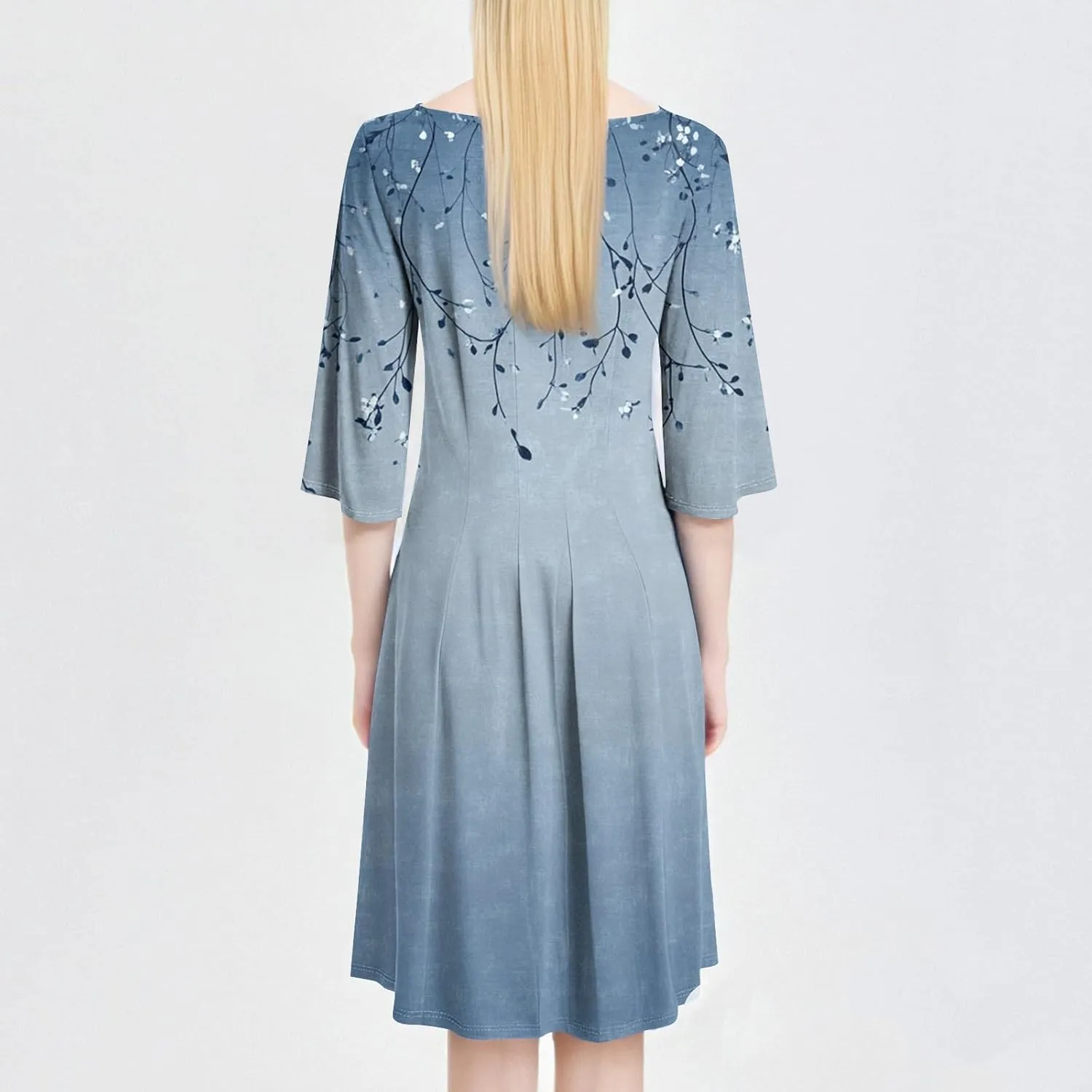 Spring Dresses for Women 2025 3/4 Sleeve Round Neck Church Dresses Pleated Knee Length Dress with Pockets Curvy Dress