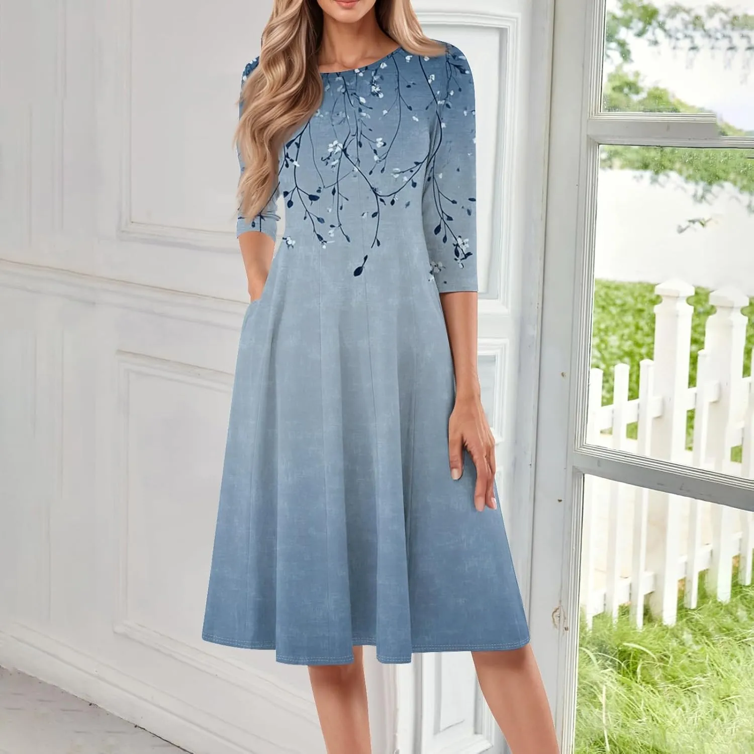 Spring Dresses for Women 2025 3/4 Sleeve Round Neck Church Dresses Pleated Knee Length Dress with Pockets Curvy Dress