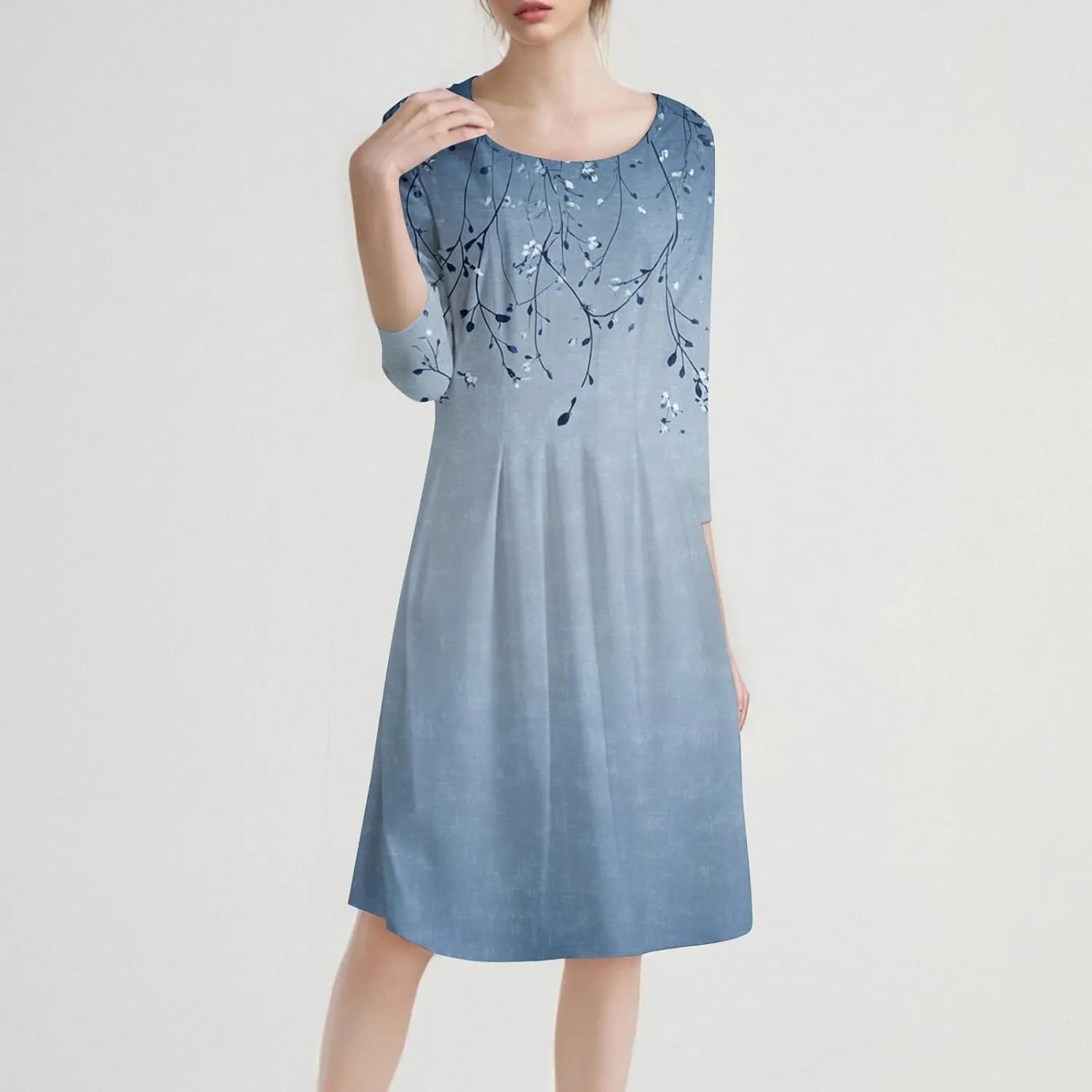 Spring Dresses for Women 2025 3/4 Sleeve Round Neck Church Dresses Pleated Knee Length Dress with Pockets Curvy Dress