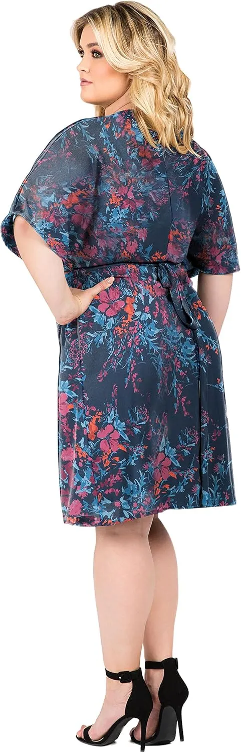 Standards & Practices Plus Size Womens Blue Floral V-Neck Kimono Wrap Midi Dress