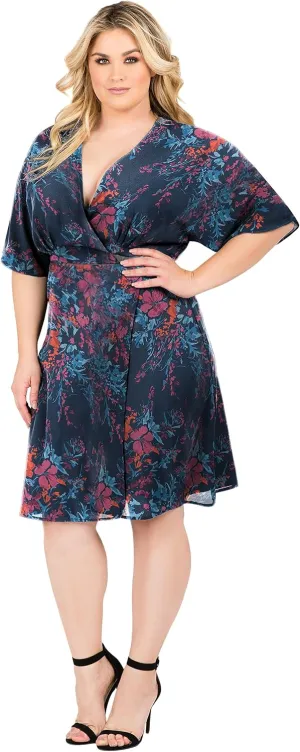 Standards & Practices Plus Size Womens Blue Floral V-Neck Kimono Wrap Midi Dress