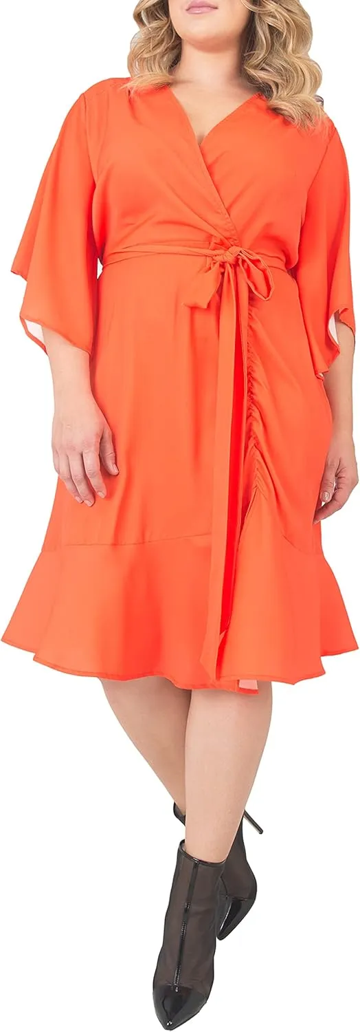 Standards & Practices Women's Plus Size Double Georgette Dusty Pink Ruffles Hem Wrap Dress Midi Length