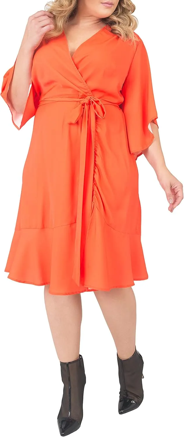 Standards & Practices Women's Plus Size Double Georgette Dusty Pink Ruffles Hem Wrap Dress Midi Length