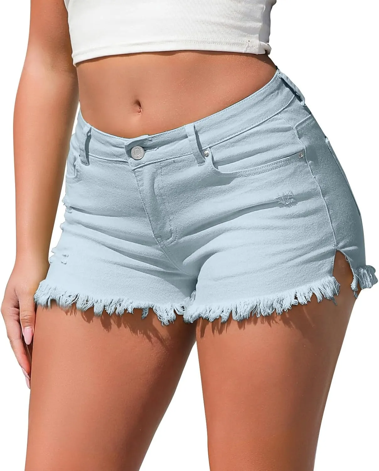 Stretchy Denim Shorts Women High Waisted Frayed Raw Hemline Ripped Jean Shorts Side Slit Tummy Control Mini Short Pants