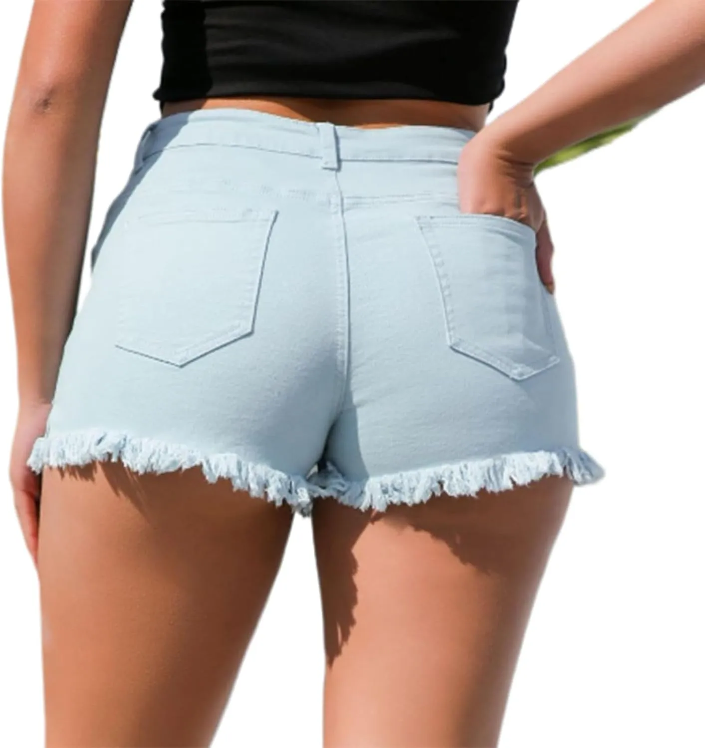 Stretchy Denim Shorts Women High Waisted Frayed Raw Hemline Ripped Jean Shorts Side Slit Tummy Control Mini Short Pants