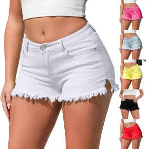 Stretchy Denim Shorts Women High Waisted Frayed Raw Hemline Ripped Jean Shorts Side Slit Tummy Control Mini Short Pants