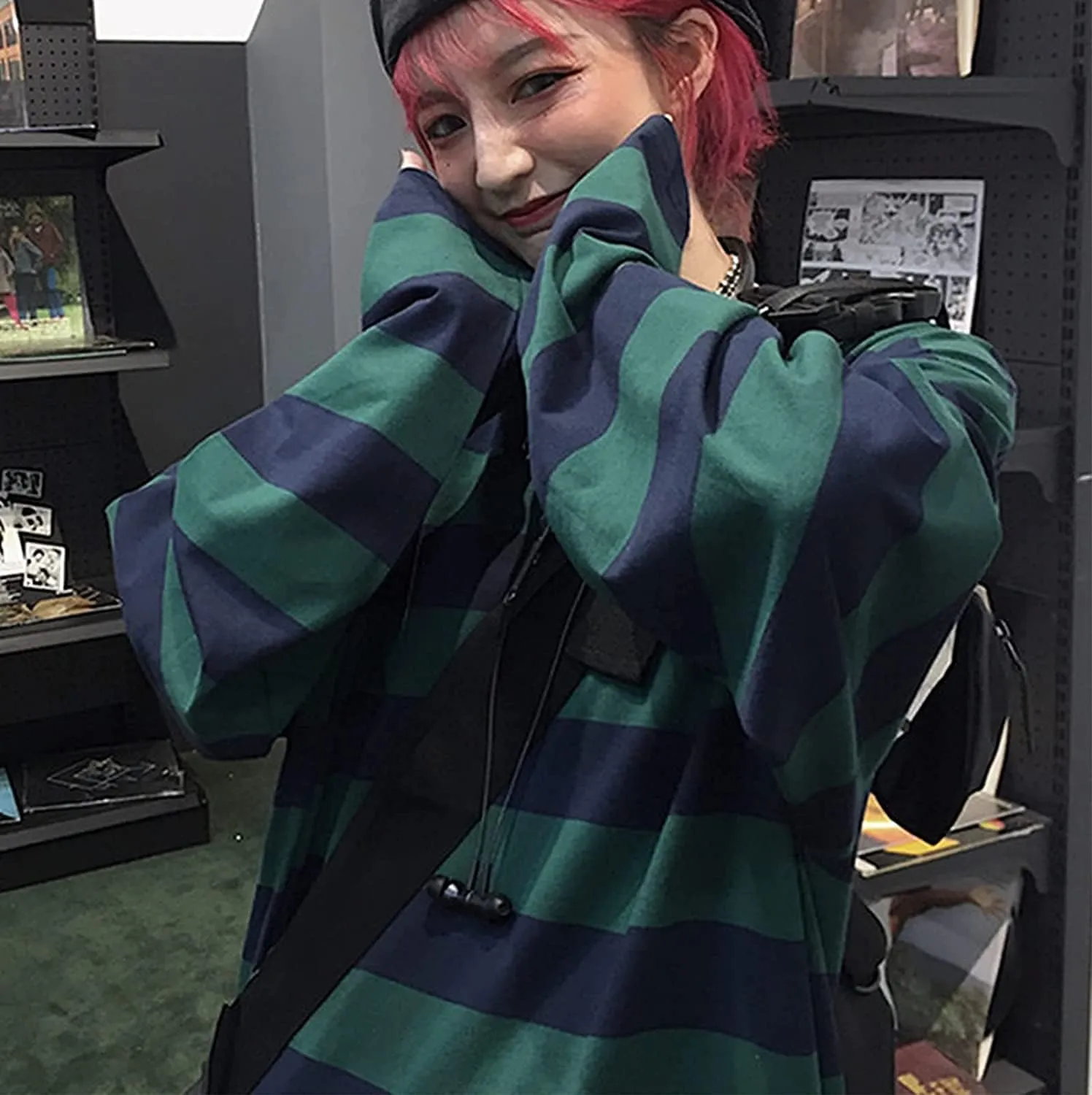 Striped Crewneck Long-Sleeve T-Shirt Alt Pullover Emo Shirt Punk Japanese Harajuku Streetwear