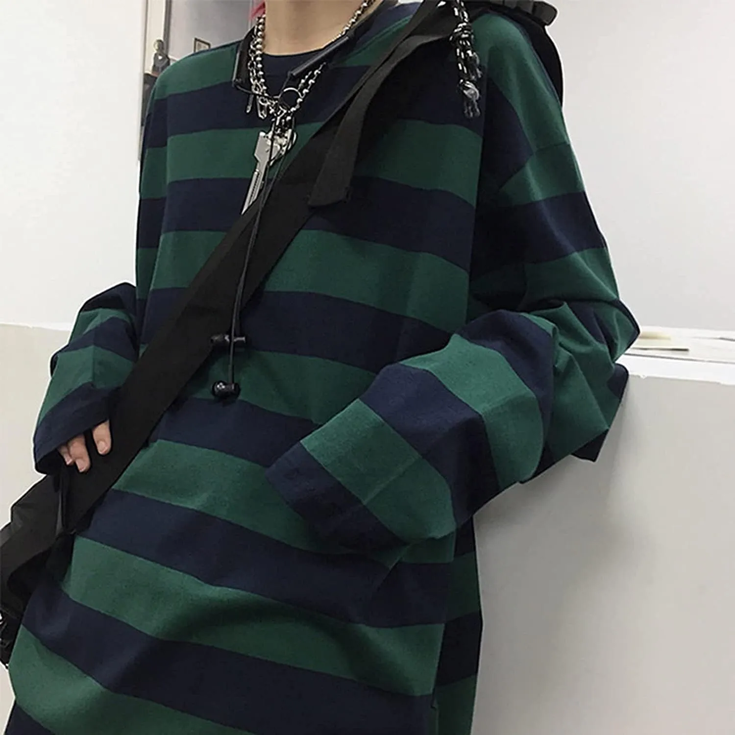Striped Crewneck Long-Sleeve T-Shirt Alt Pullover Emo Shirt Punk Japanese Harajuku Streetwear