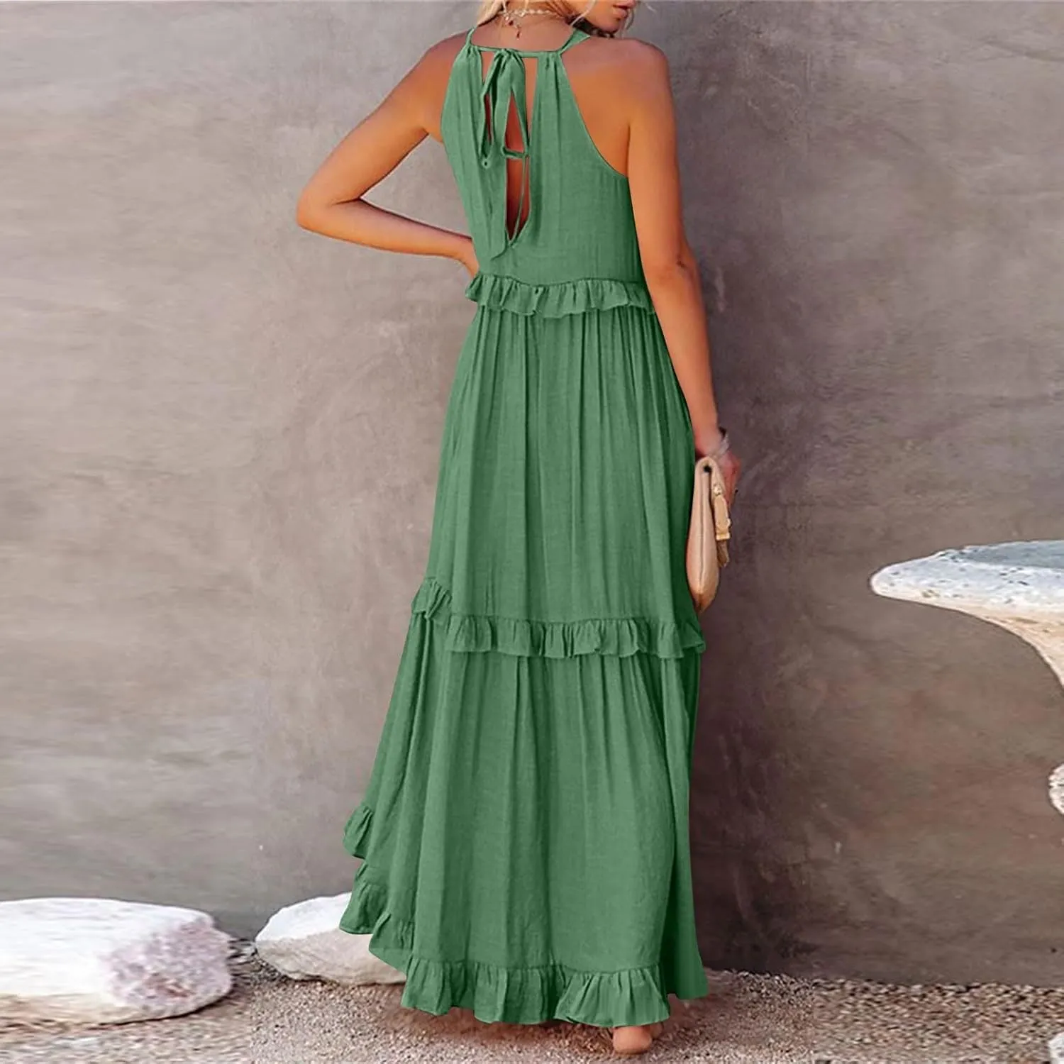 Summer Beach Dresses for Women 2024 Halter Tie Back Long Dress Tiered Smocked Ruffle Maxi Frocks Sleeveless Sundress