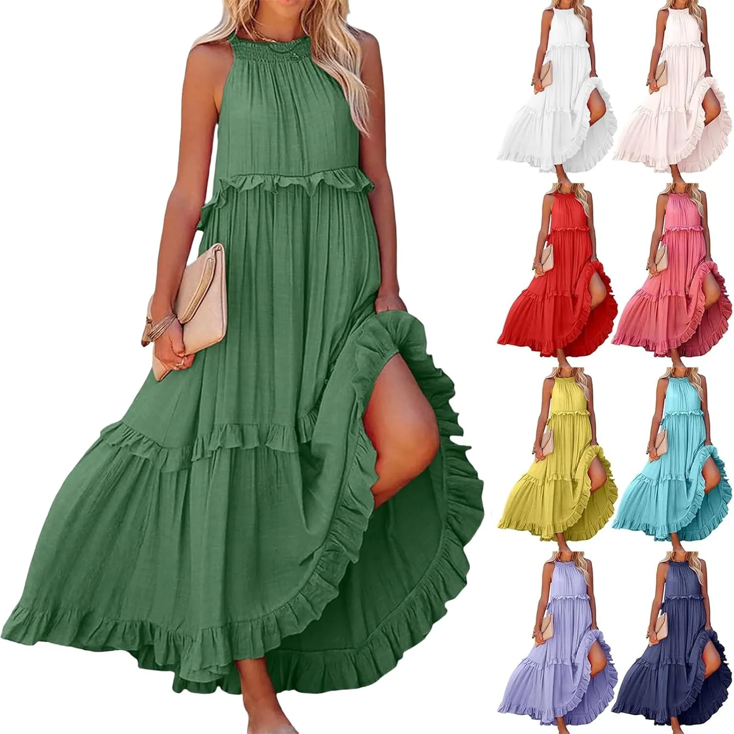 Summer Beach Dresses for Women 2024 Halter Tie Back Long Dress Tiered Smocked Ruffle Maxi Frocks Sleeveless Sundress
