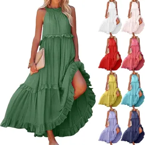 Summer Beach Dresses for Women 2024 Halter Tie Back Long Dress Tiered Smocked Ruffle Maxi Frocks Sleeveless Sundress