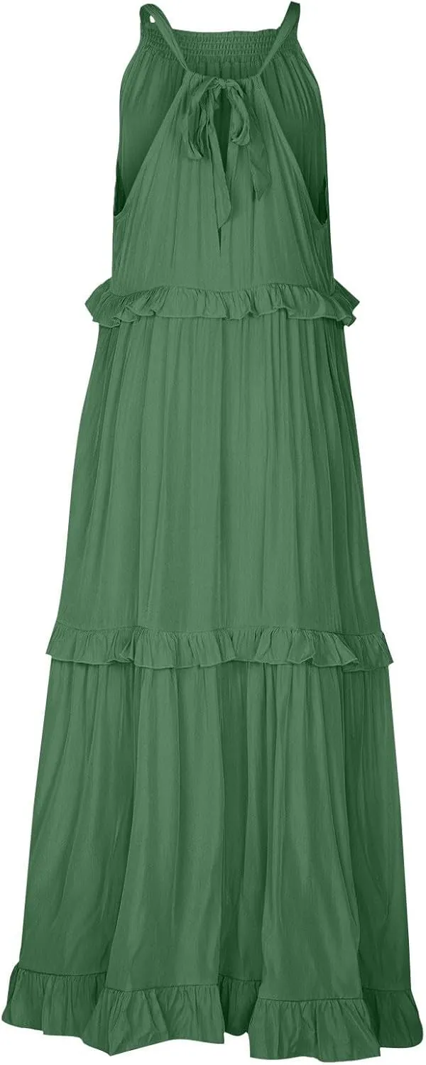 Summer Beach Dresses for Women 2024 Halter Tie Back Long Dress Tiered Smocked Ruffle Maxi Frocks Sleeveless Sundress