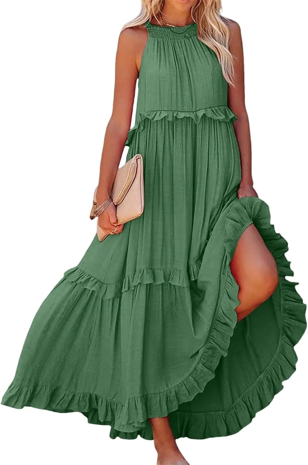 Summer Beach Dresses for Women 2024 Halter Tie Back Long Dress Tiered Smocked Ruffle Maxi Frocks Sleeveless Sundress