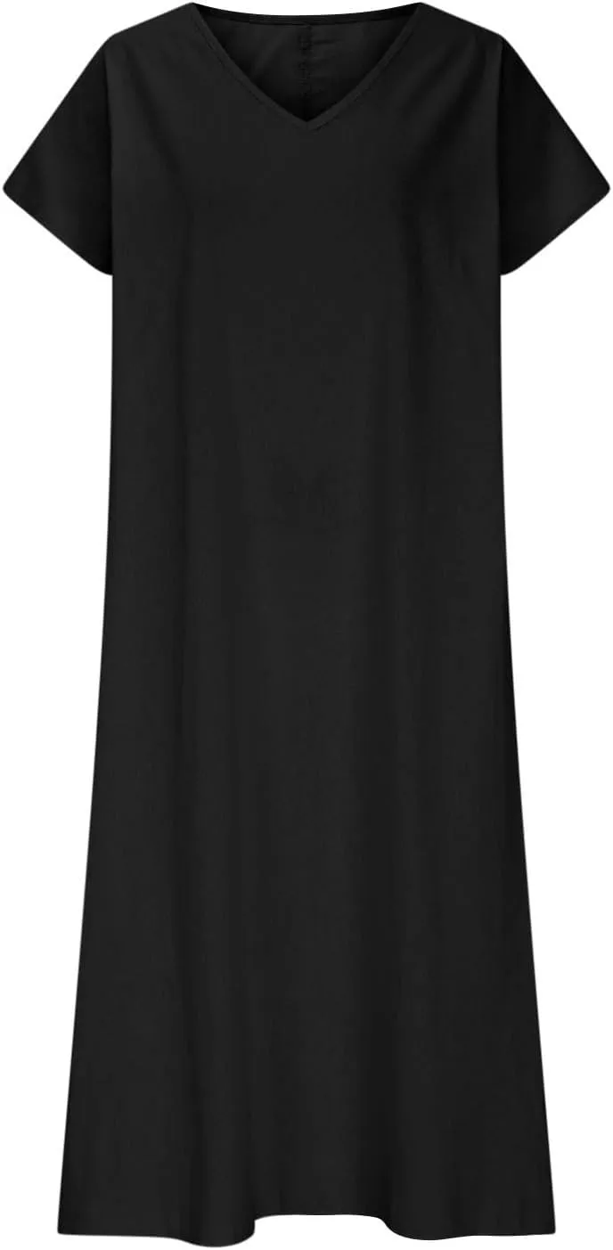 Summer Cotton Linen Dress Women Short Sleeve V Neck Shift A Line Maxi Dresses Comfy Flowy Swing Long Beach Dress