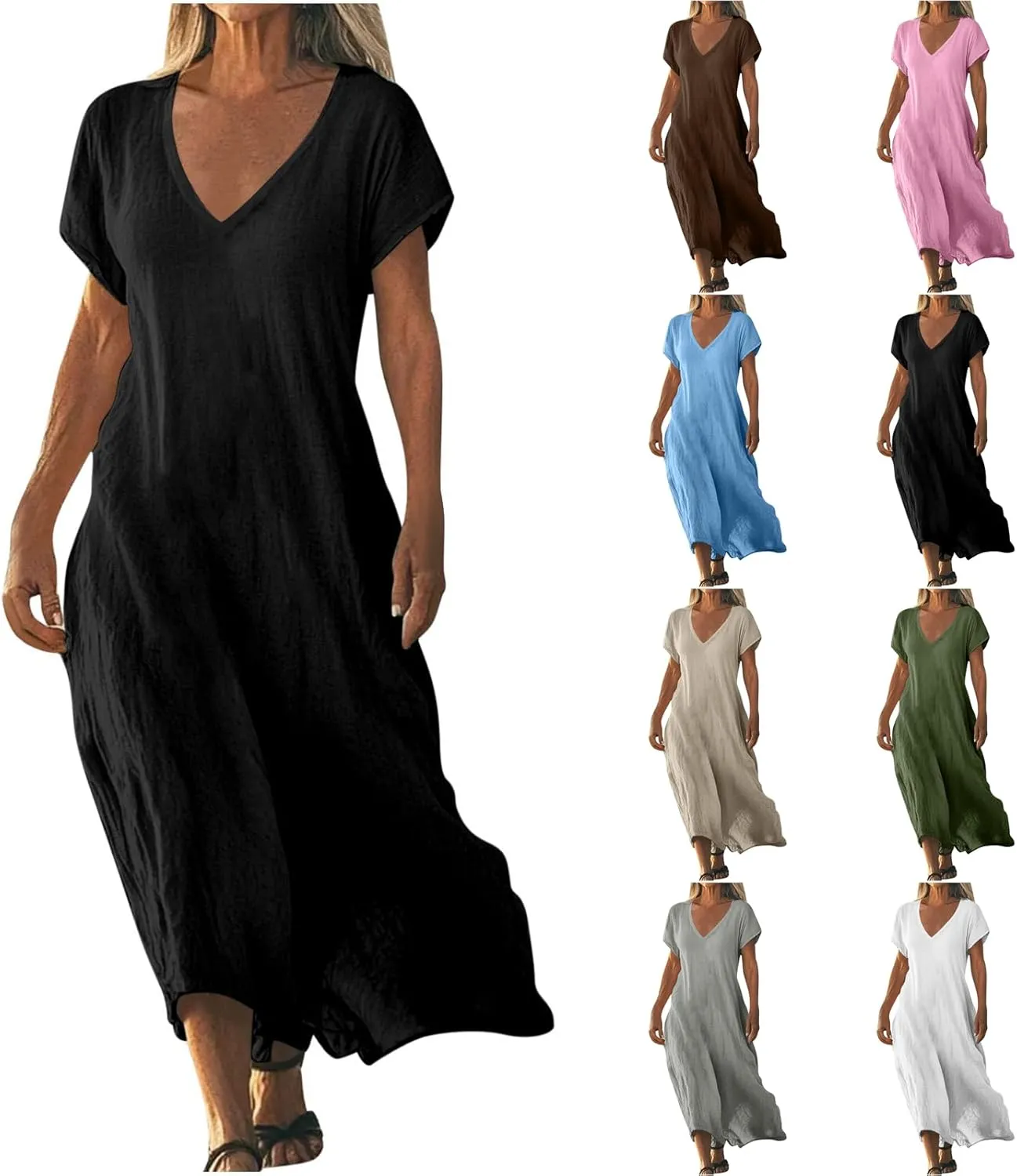 Summer Cotton Linen Dress Women Short Sleeve V Neck Shift A Line Maxi Dresses Comfy Flowy Swing Long Beach Dress
