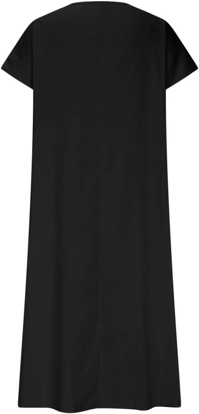 Summer Cotton Linen Dress Women Short Sleeve V Neck Shift A Line Maxi Dresses Comfy Flowy Swing Long Beach Dress