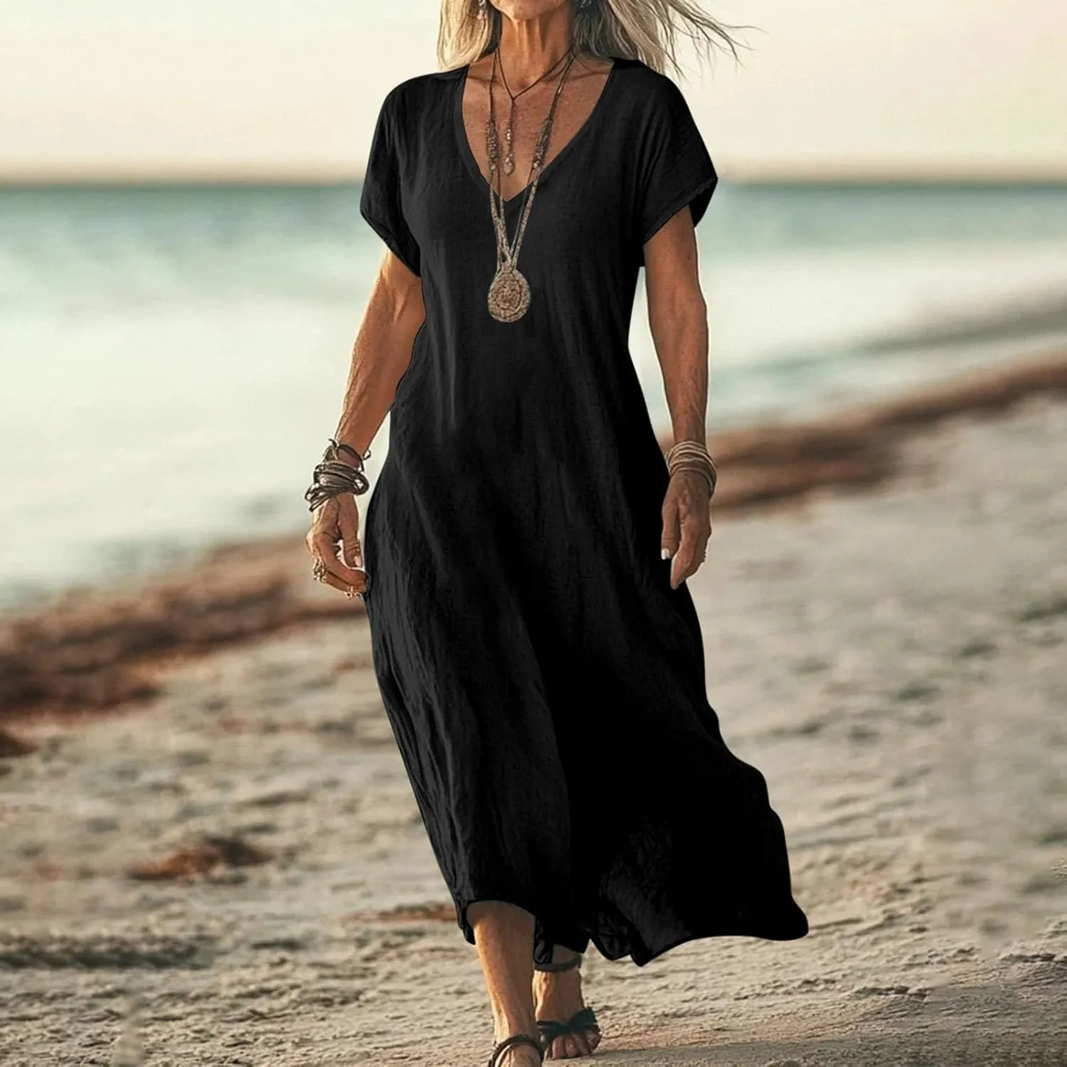 Summer Cotton Linen Dress Women Short Sleeve V Neck Shift A Line Maxi Dresses Comfy Flowy Swing Long Beach Dress