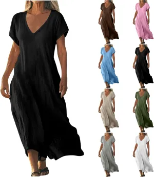 Summer Cotton Linen Dress Women Short Sleeve V Neck Shift A Line Maxi Dresses Comfy Flowy Swing Long Beach Dress