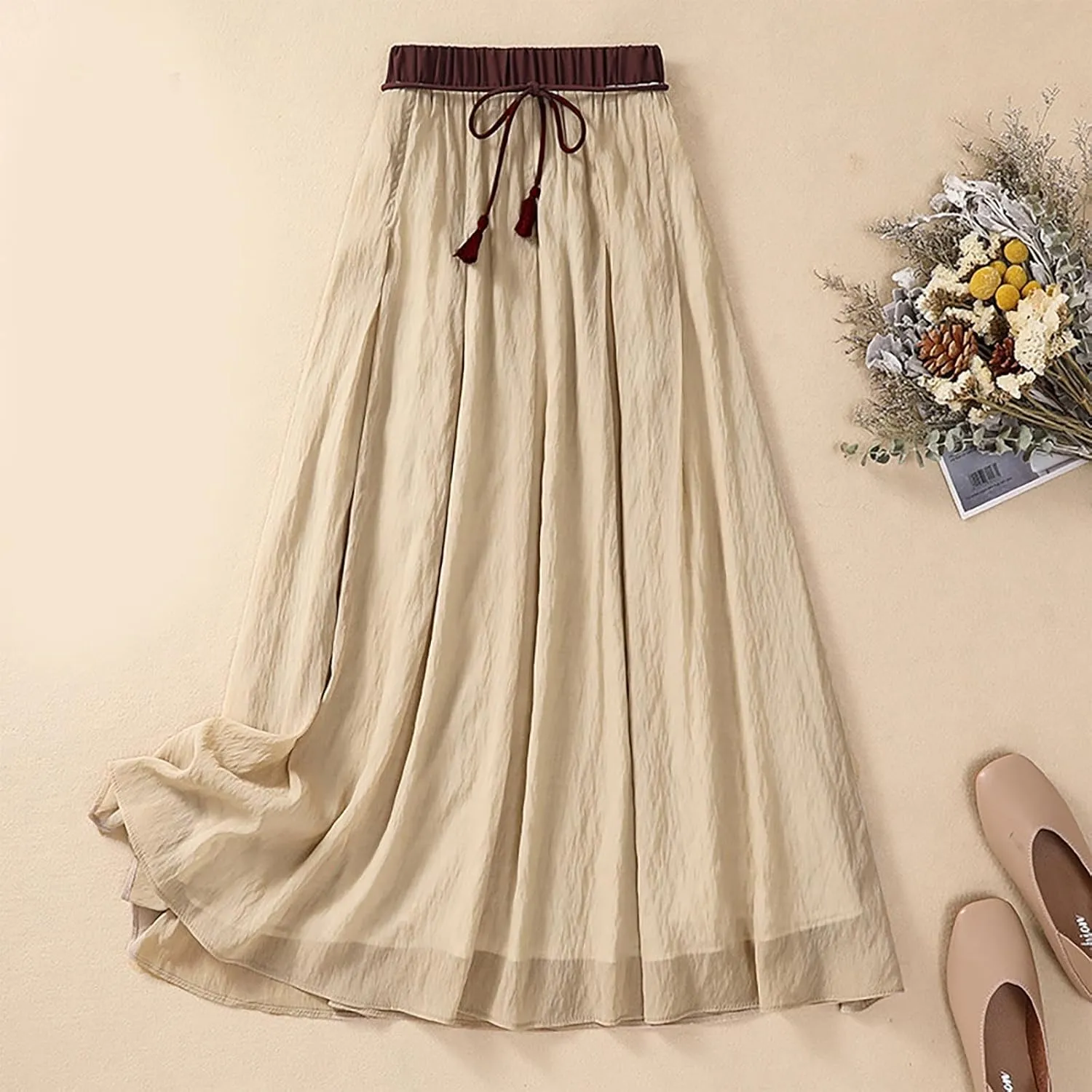 Summer Cotton Linen Skirts for Women Trendy A-Line Flowy Long Skirts Lace-Up Elastic Waist Beach Vacation Skirts