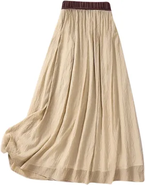 Summer Cotton Linen Skirts for Women Trendy A-Line Flowy Long Skirts Lace-Up Elastic Waist Beach Vacation Skirts