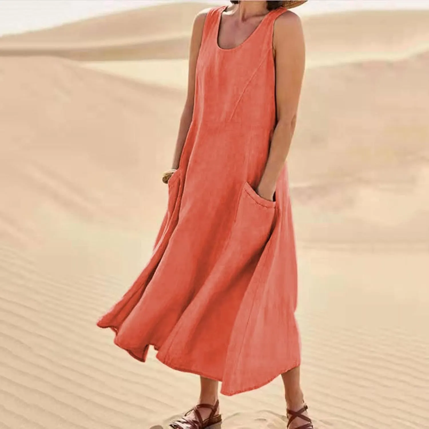 Summer Dresses for Women 2024 Casual Sleeveless Loose Sundress Trendy Boho Maxi Dresses Beach Dress with Pockets
