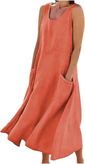 Summer Dresses for Women 2024 Casual Sleeveless Loose Sundress Trendy Boho Maxi Dresses Beach Dress with Pockets