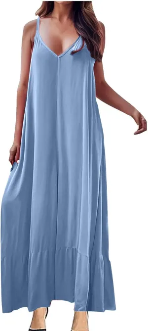 Summer Dresses for Women 2024 Trendy Halter, Sleeveless Casual V Neck Ruffle Dresses, Lightweight Floral Boho Dress
