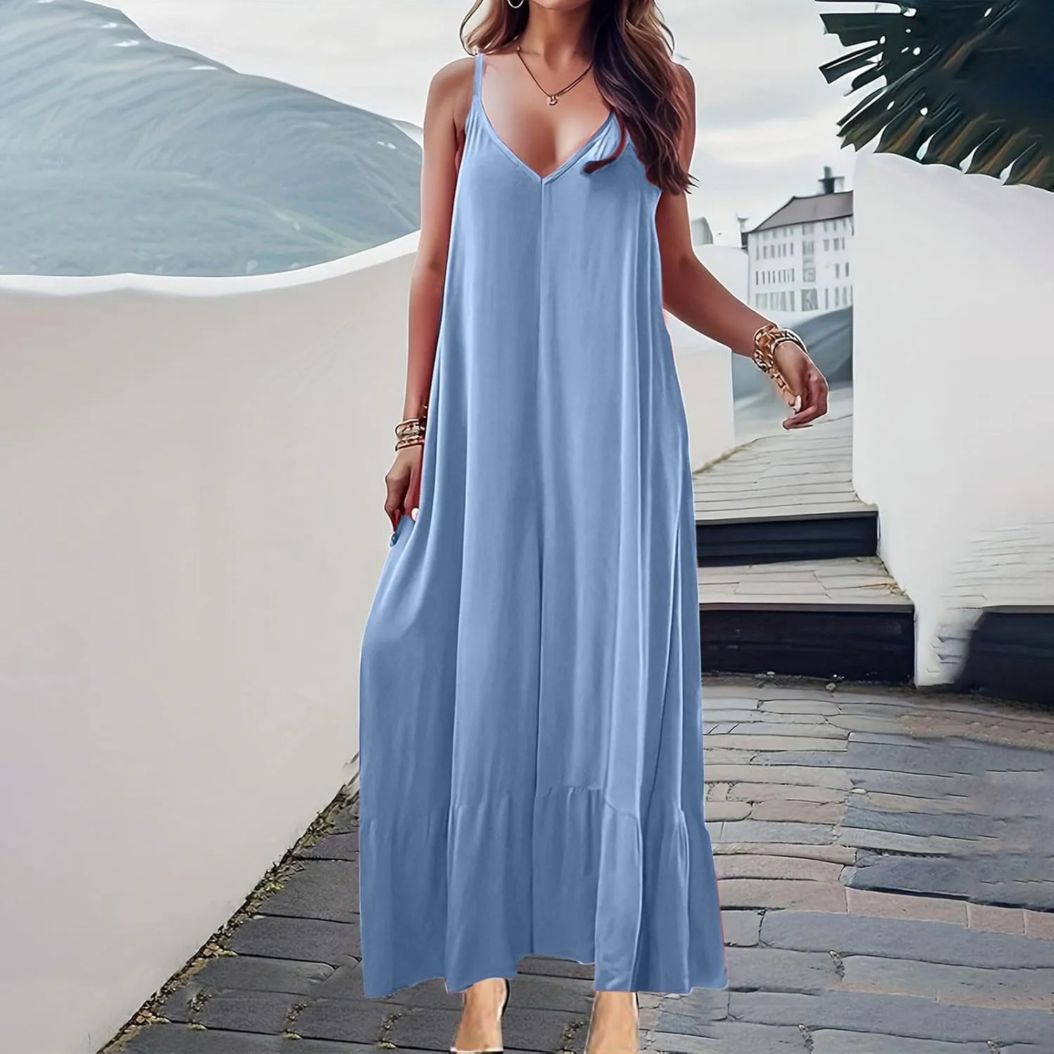 Summer Dresses for Women 2024 Trendy Halter, Sleeveless Casual V Neck Ruffle Dresses, Lightweight Floral Boho Dress