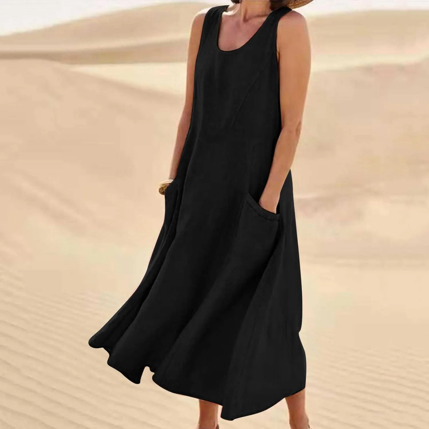 Summer Dresses for Women 2025 Cotton Linen Sleeveless Maxi Dress Casual Beach Plus Size Sundresses with Pockets