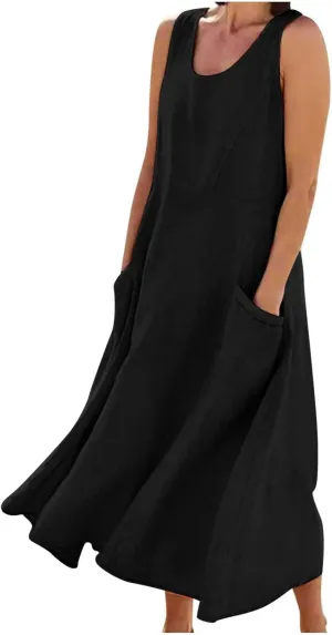 Summer Dresses for Women 2025 Cotton Linen Sleeveless Maxi Dress Casual Beach Plus Size Sundresses with Pockets