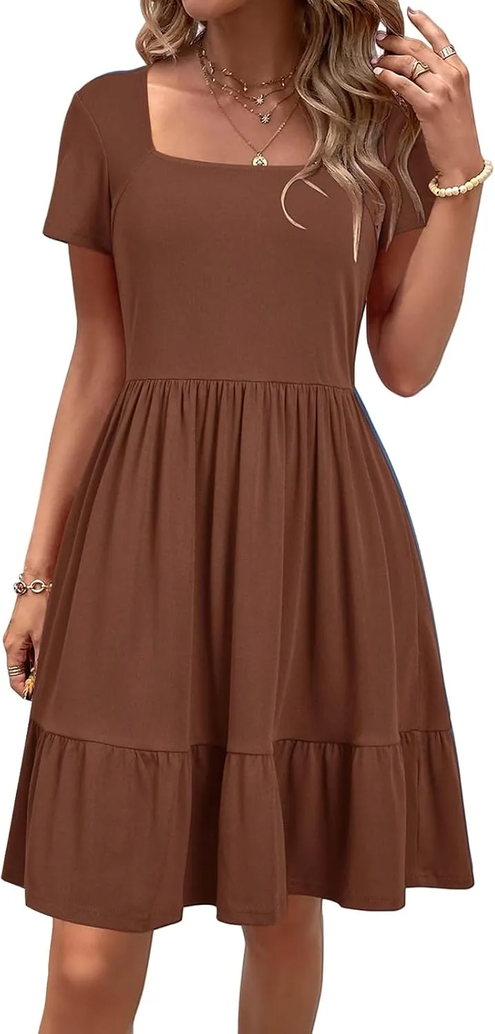 Summer Dresses for Women 2025 Short Sleeve Squared Neck Dresses High Waist A Line Ruffle Hem Mini Dress 2025