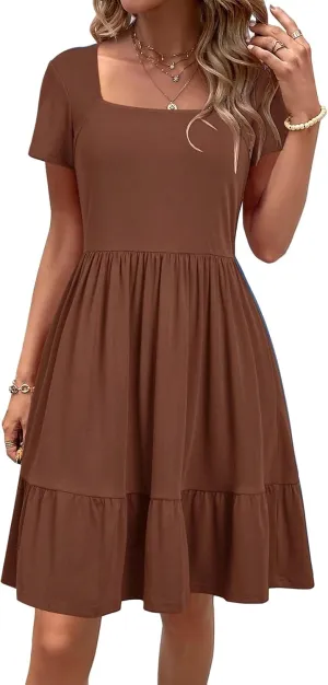 Summer Dresses for Women 2025 Short Sleeve Squared Neck Dresses High Waist A Line Ruffle Hem Mini Dress 2025