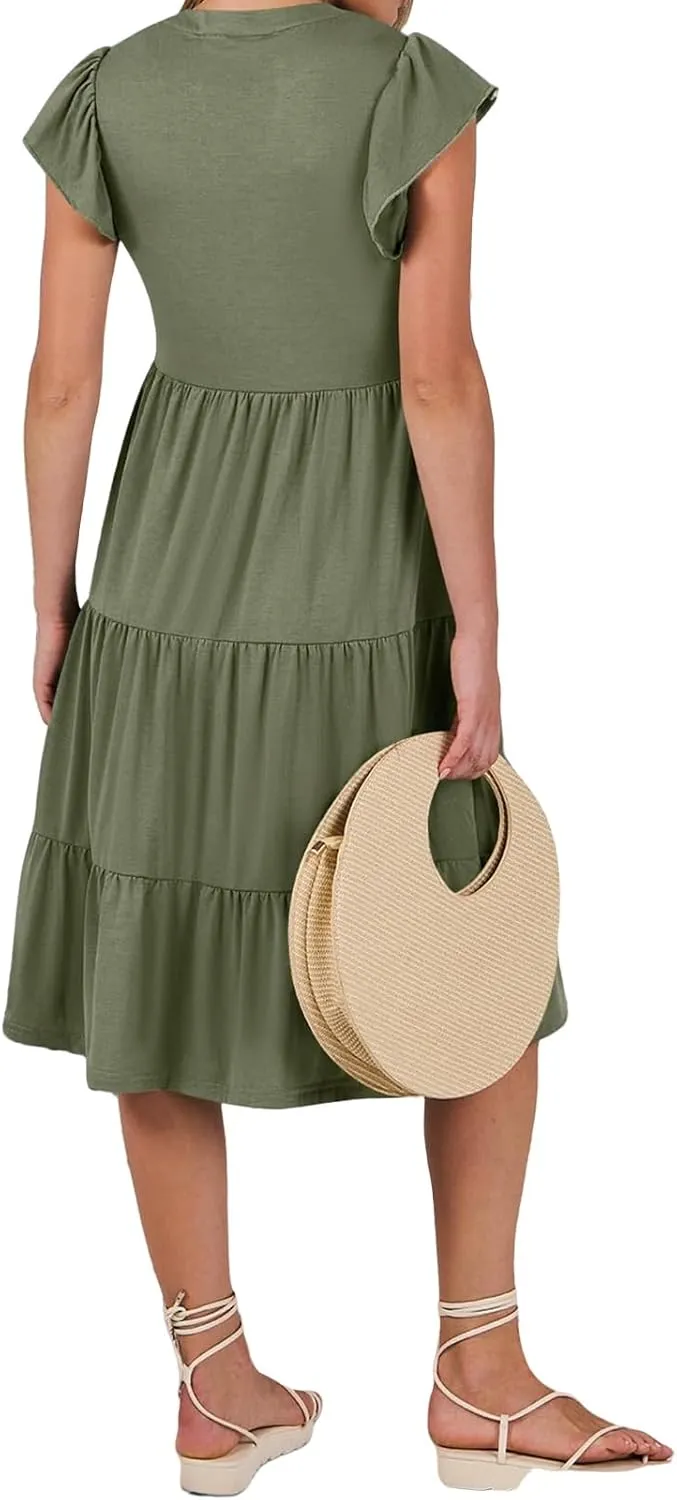 Summer Dresses for Women Ruffle Sleeve V Neck Midi Dresses Casual Fit Flowy Tiered Boho Beach Sundress with Pocket