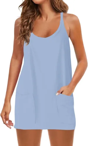 Summer Dresses for Women Sleeveless Mini Crew Neck Dress Spaghetti Strap Sundress Athletic Short Dress with Pockets