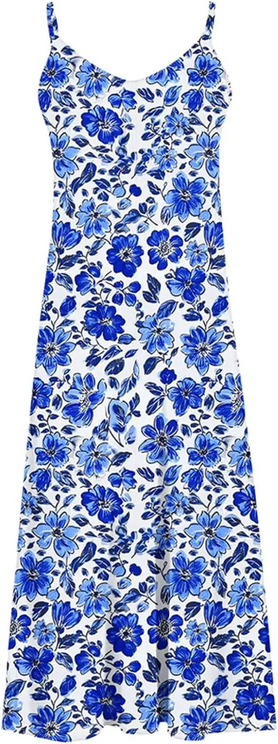 Summer Maxi Dresses for Women Spaghetti Strap Dress Fashion V Neck Floral Print Sundresses 2025 Beach Vacation Outfit