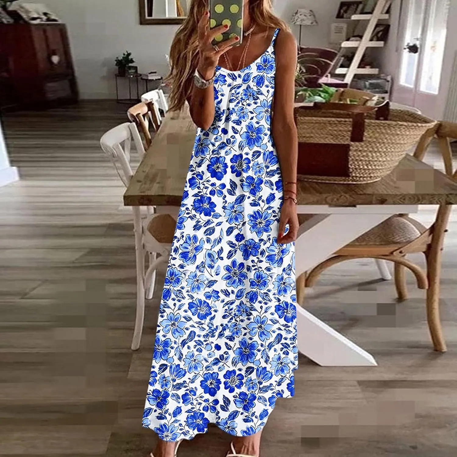 Summer Maxi Dresses for Women Spaghetti Strap Dress Fashion V Neck Floral Print Sundresses 2025 Beach Vacation Outfit